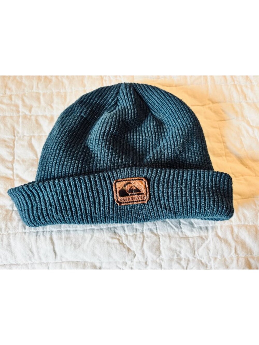 Quiksilver Ribbed Knit Beanie With Fold-Up Cuff And Leather Logo Patch In Teal B